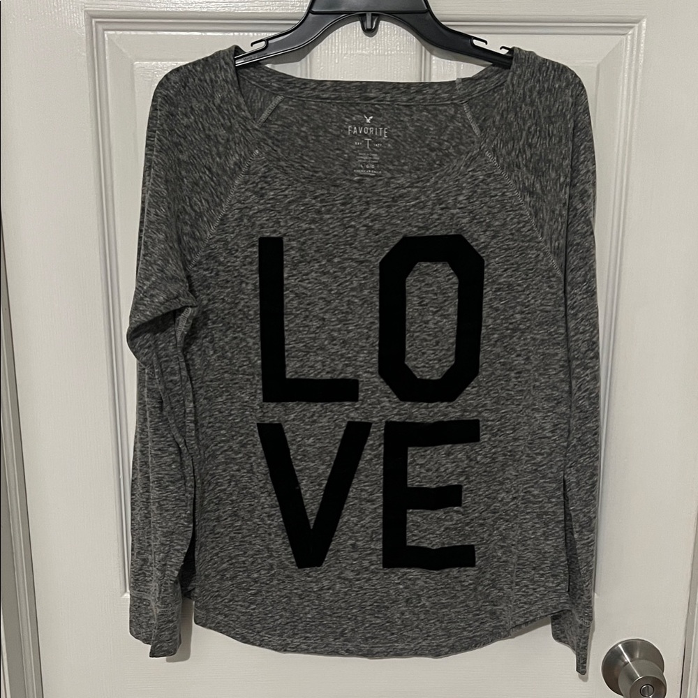American Eagle Outfitters Gray Long Sleeve with Black 'LOVE' Print